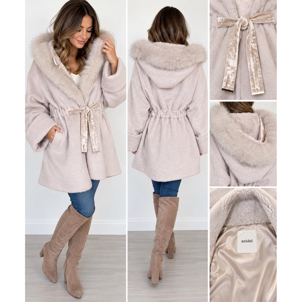 SNIDEL Womens Free Size Faux Fur Hooded Coat Blush Pink Velvet Tie Japan